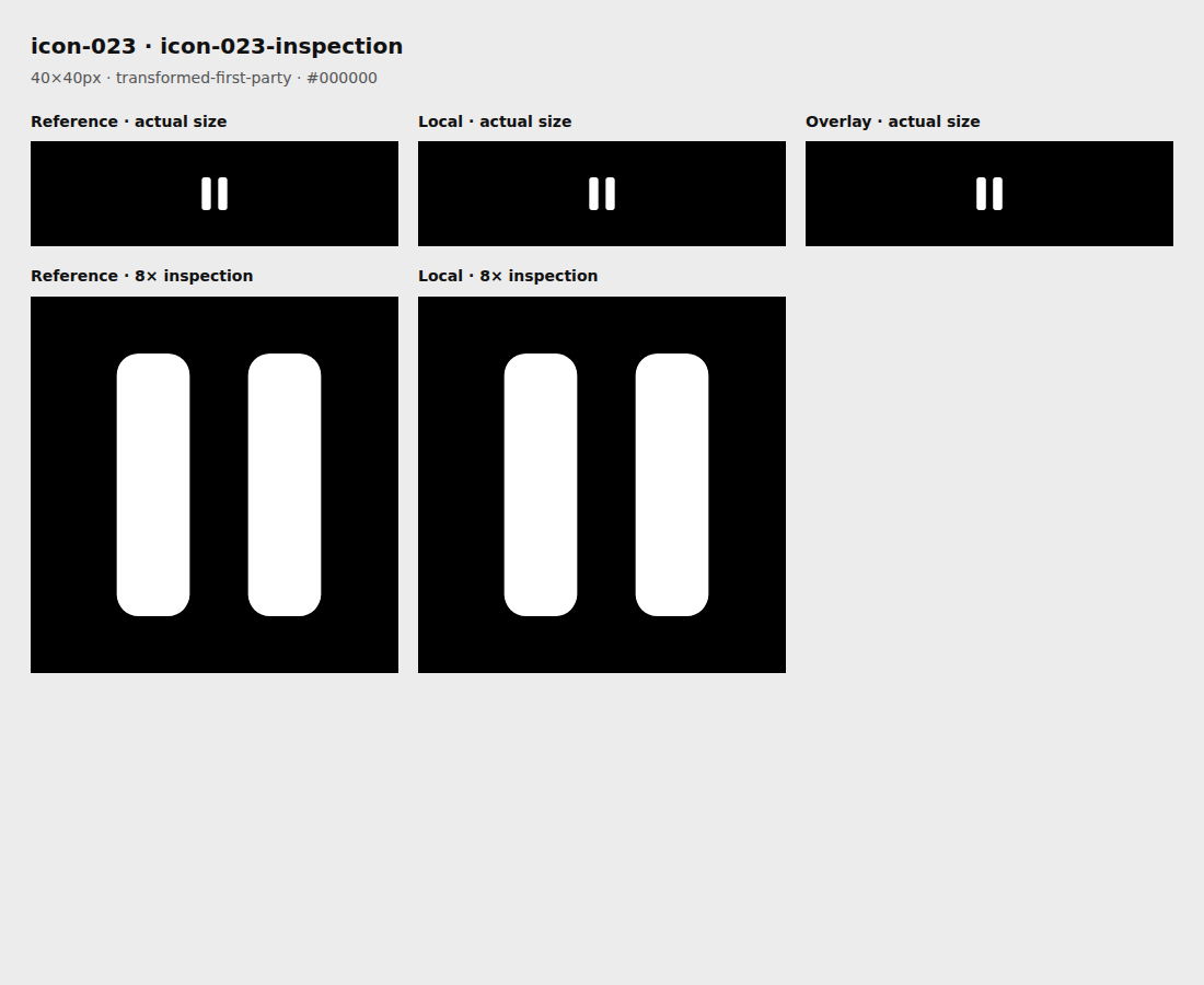 Reference, local asset, overlay, and enlarged inspection for icon-023