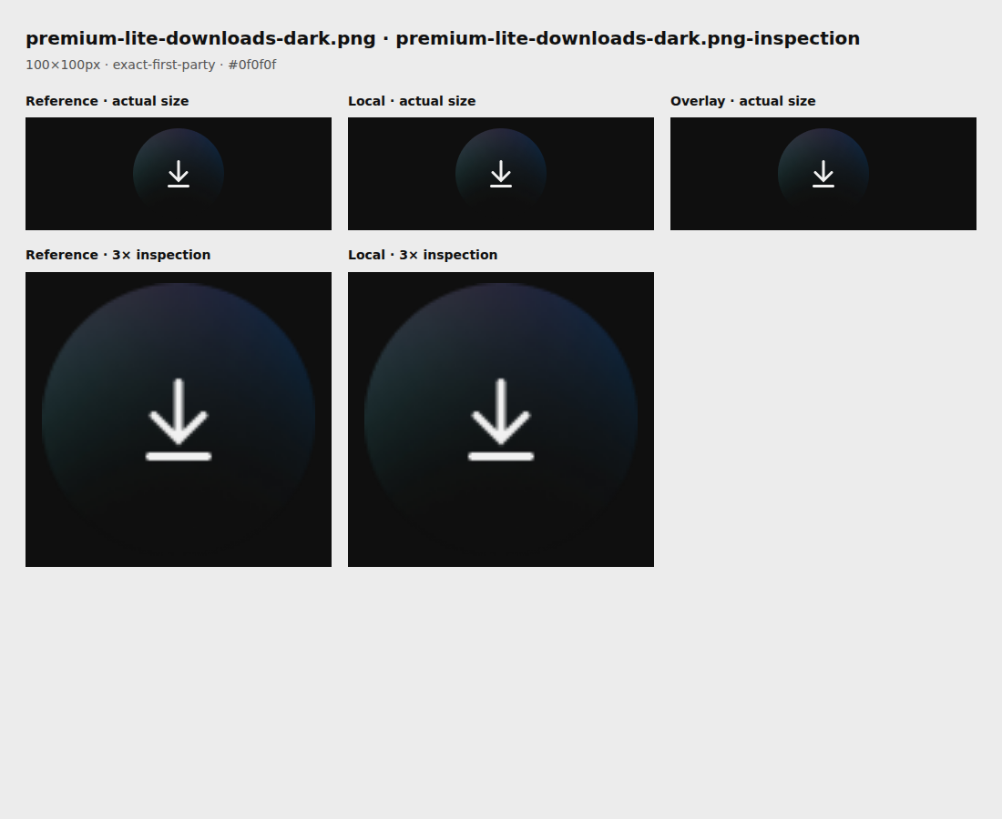 Reference, local asset, overlay, and enlarged inspection for premium-lite-downloads-dark.png